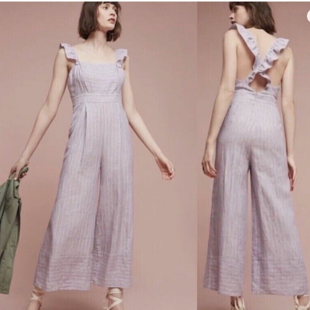 Elevenses Anthropologie Striped Ruffle Strap Wide Leg Jumpsuit Lavender Pink 12